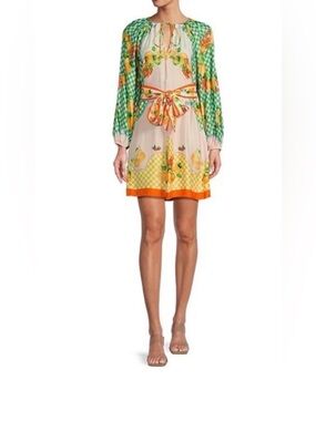 Antonio Melani Raffaella Fruit Printed Satin Tie Neck Long Sleeve Dress XS NWT
